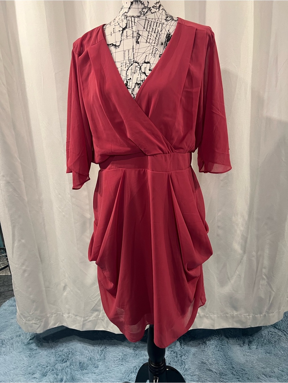 City Chic Wine-Red V-Neck Draped Midi Dress NWT